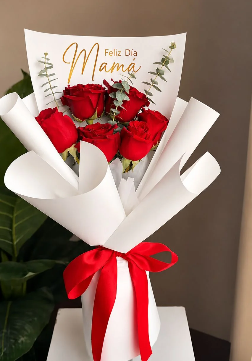 Beso Rojo Maternal - Ramo de rosas rojas con empaque Feliz Día Mamá
