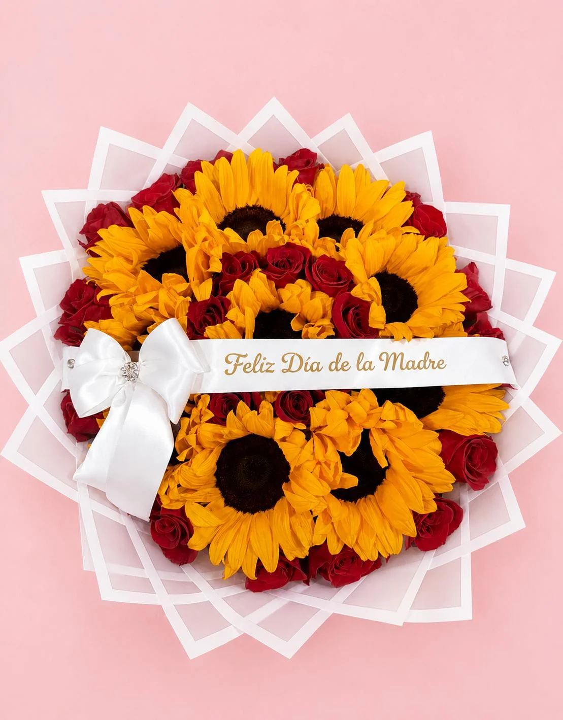 Reina del Sol - Bouquet con girasoles, rosas rojas y listón Feliz Día de la Madre