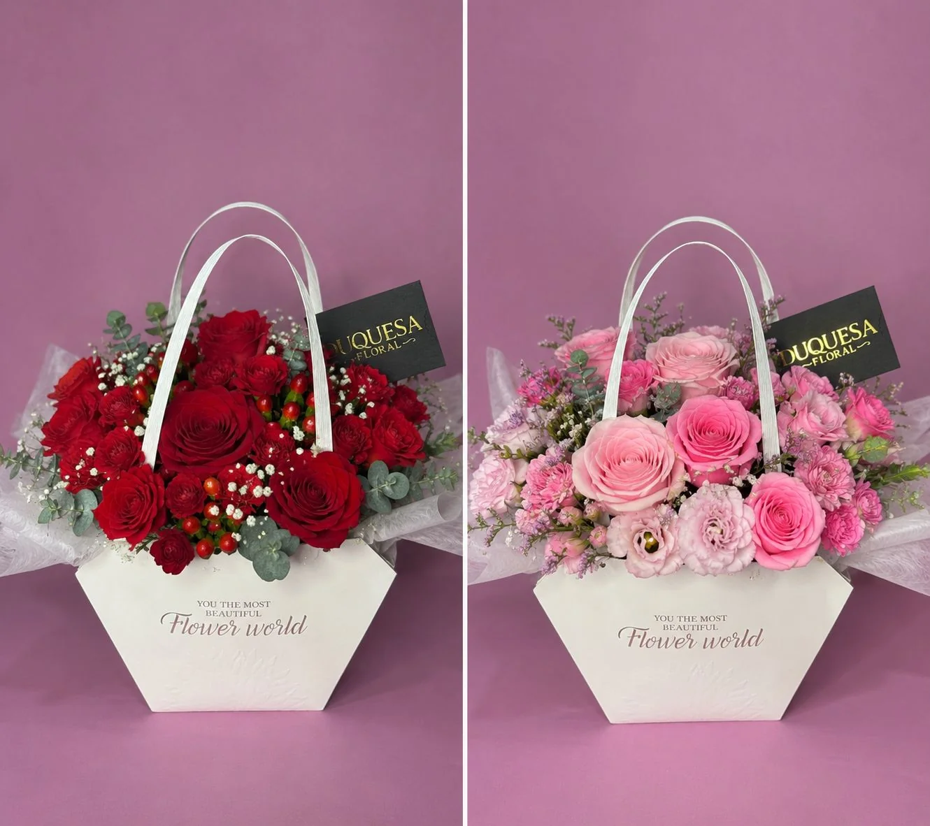 Romance Duquesa - Bolsa Flower World disponible en versión de rosas rojas o rosas rosadas