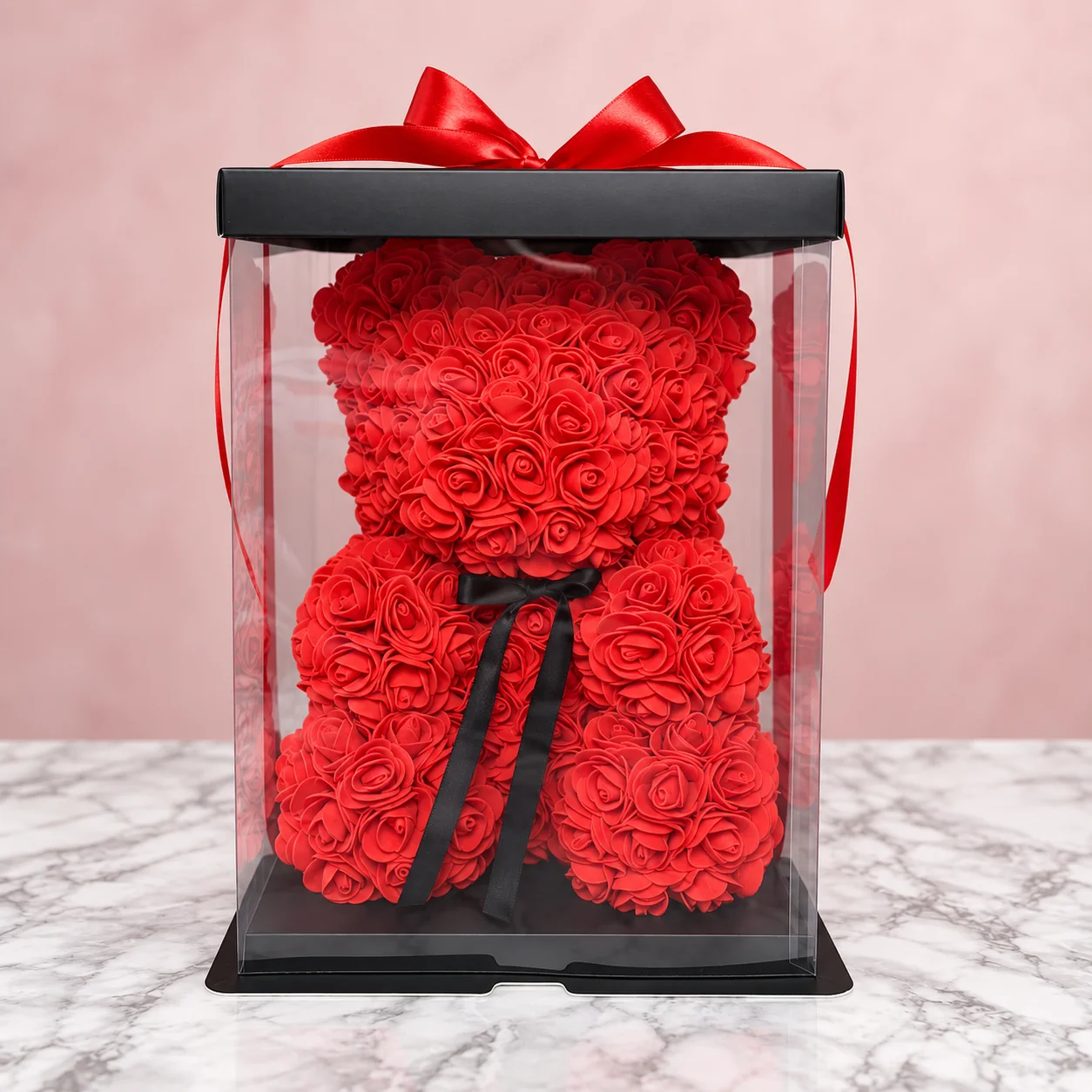 Oso de Rosas - Oso de 30 cm elaborado en rosas, presentado en caja de acetato con lazo rojo y acompañado de 2 globos de helio