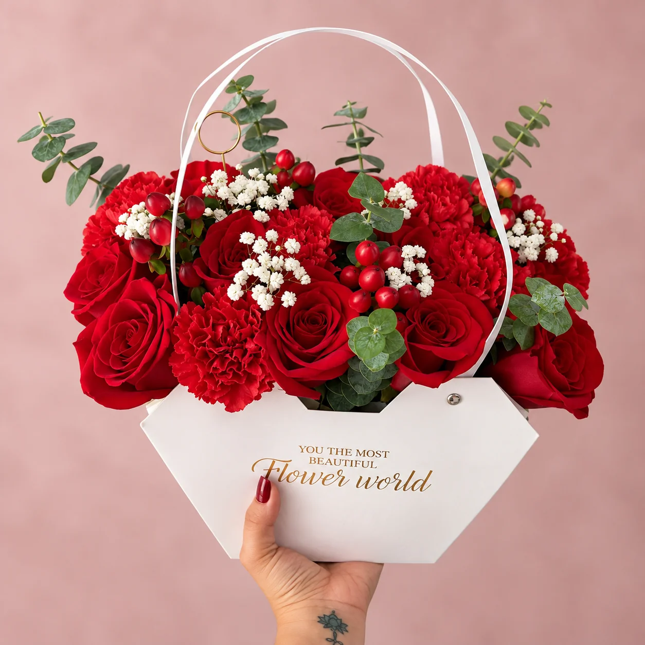 Flower World Rojo - Bolsa floral con rosas rojas, claveles, hipérico, eucalipto y flor nube