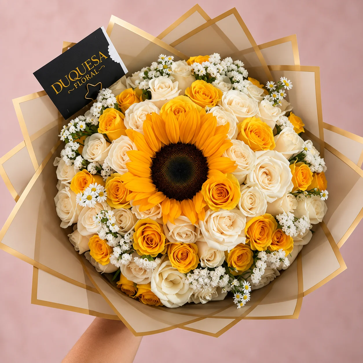 Girasol entre Rosas - 60 rosas en tonos amarillo y blanco con un girasol en el centro y manzanilla, en papel dorado