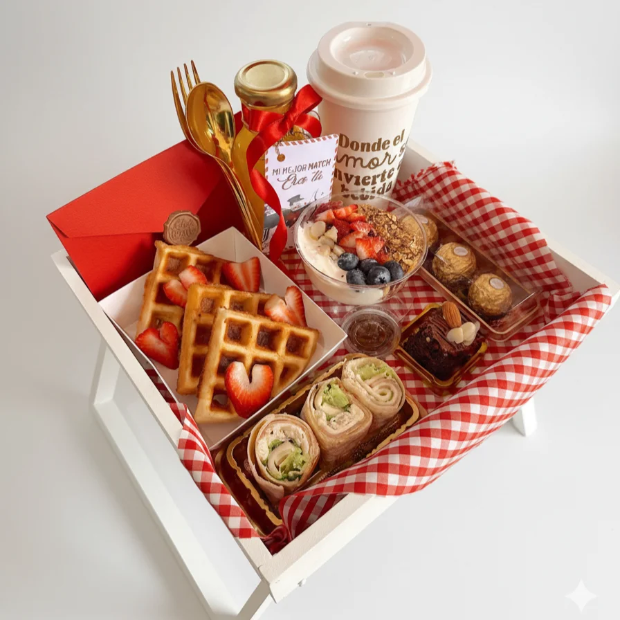 Experiencia Dulce - Bandeja de desayuno con wafles con frutas, wraps de pollo, yogur griego con granola, brownie, jugo de naranja y chocolisto